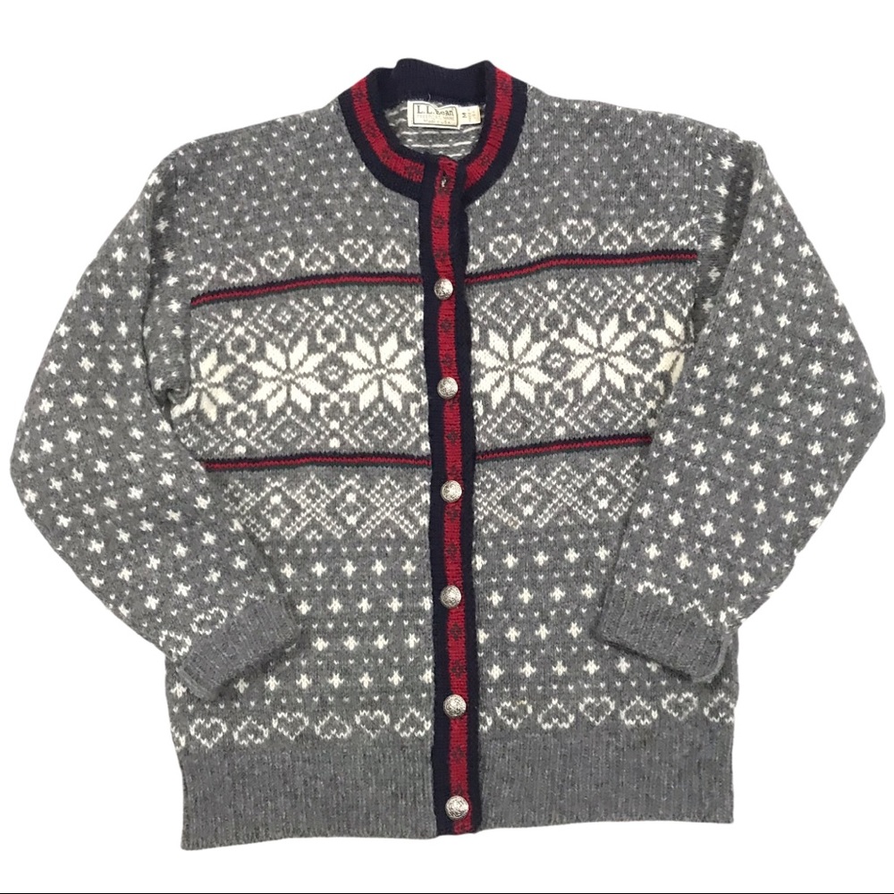 LL Bean Made In USA Vintage Wool Snowflake Button Cardigan Sweater Womens Medium - Picture 1 of 10